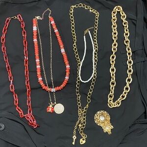 Gold and Red Chunky Beaded Layered Necklace Bundle Set - Elegant Women's Jewelry